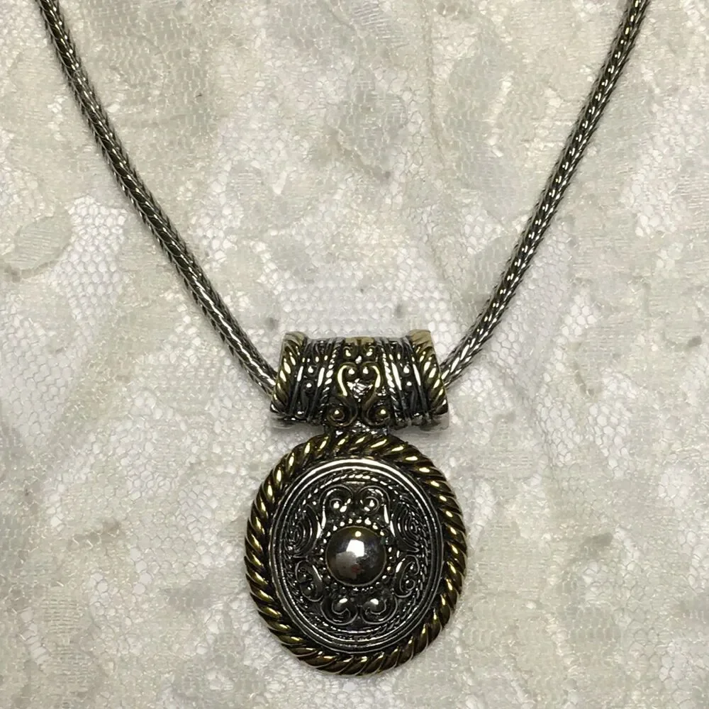 Vintage Silver Gold Tone Mix Necklace Ornate Medallion Woven Style Chain